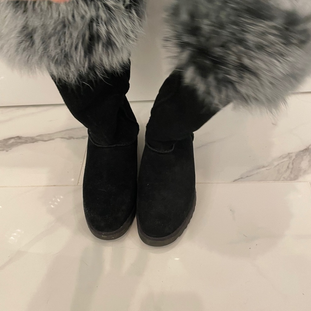 Black uggs with black and white fur top